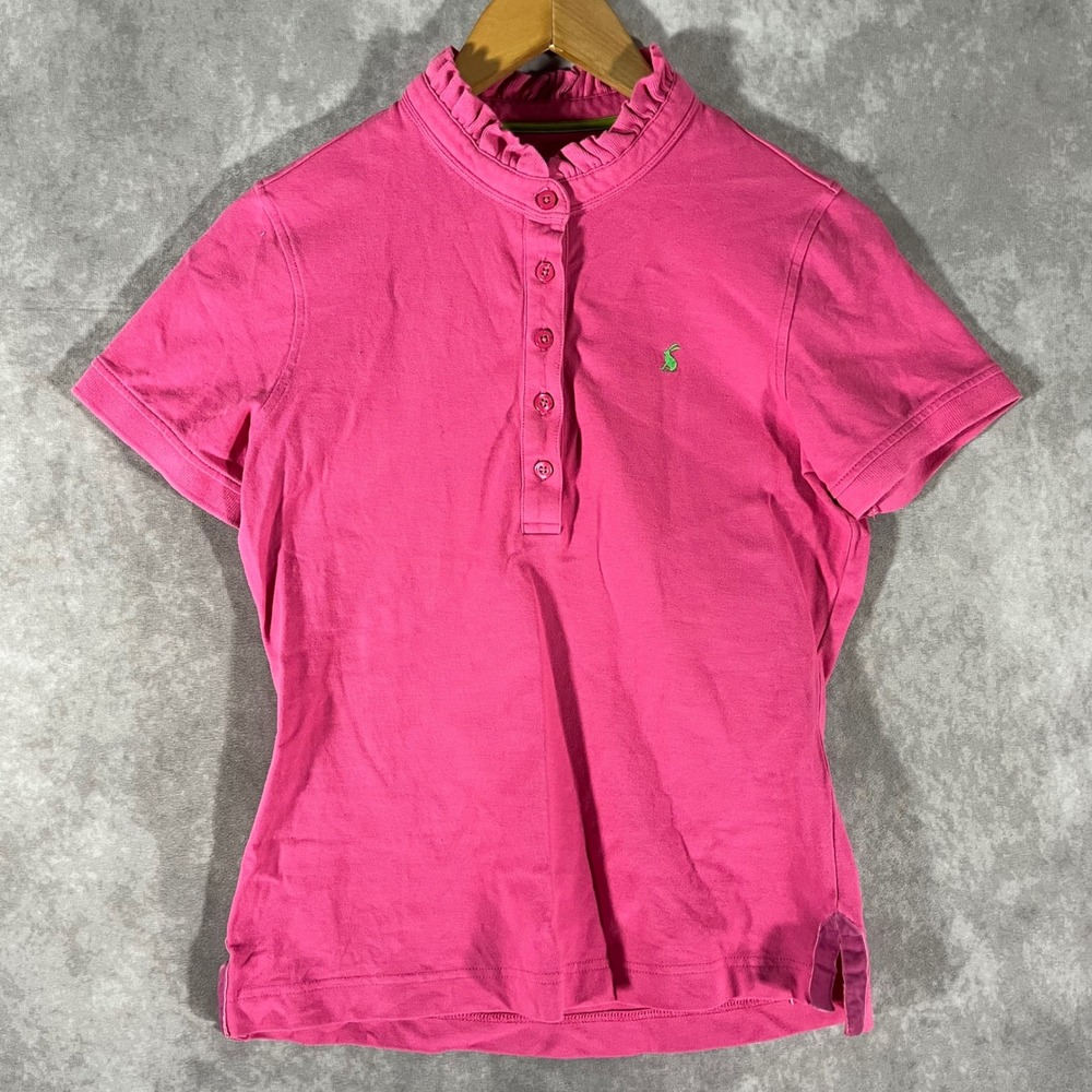 Joules Ruffle Neck Polo Women 8 Raspberry Pink Short Sleeve Cotton Friilsden